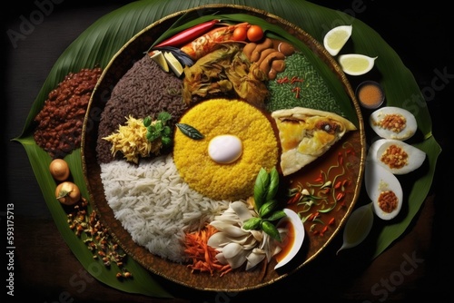 Genuine Sabahan Cuisine Rice, Children and Kombura Turmeric fish, Lalansa (Herbs), Binudu Bambangan, Lime, Rinapa Kodop (Wild Mushroom + White Chile), Sambal, and Takob Akob Are Served Clockwise (in t photo