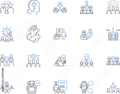 Team collaboration outline icons collection. Cooperation, Collaboration, Networking, Unify, Co-Ordinate, Syndication, Interact vector and illustration concept set. Unionize, Aggregate, Cooperative