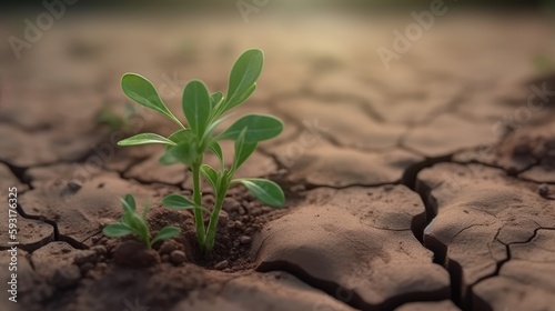 The young green plant is growing from dry cracked soil, Ecology friendly, World environment day or Earth day concept, Generative AI
