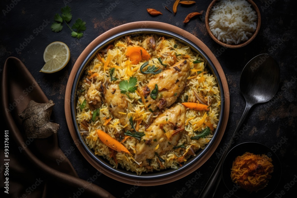Top view of a delicious chicken biryani. Biryani rice dish lovely Indian rice dish A bowl of delicious, spicily spiced chicken biryani sits against a gloomy background. Generative AI Top view of a delicious chicken biryani. Biryani rice dish lovely Indian rice dish A bowl of delicious, spicily spiced chicken biryani sits against a gloomy background. Generative AI