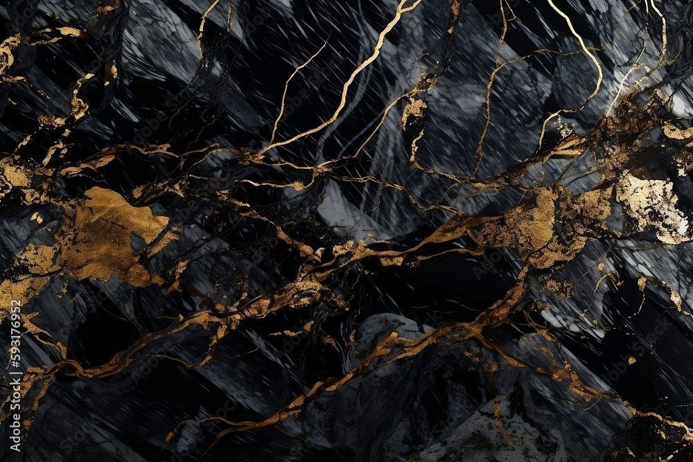 Abstract black and white marble background with golden lines. Generative AI.