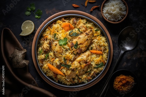 Top view of a delicious chicken biryani. Biryani rice dish lovely Indian rice dish A bowl of delicious, spicily spiced chicken biryani sits against a gloomy background. Generative AI