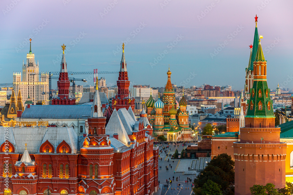 Aerial view Red Square at Moscow City, Russia, Famous square in Europe, State Historical Museum on Red Square in Moscow, Russia. Aerial view Red Square at Moscow City, Russia, Famous square in Europe, State Historical Museum on Red Square in Moscow, Russia.