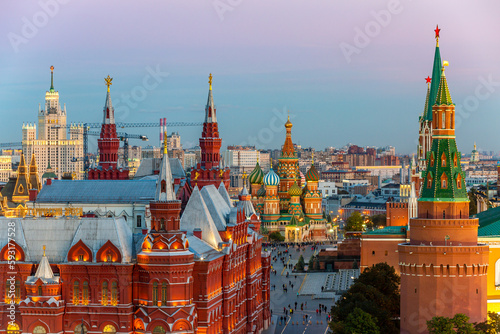 Aerial view Red Square at Moscow City, Russia, Famous square in Europe, State Historical Museum on Red Square in Moscow, Russia.