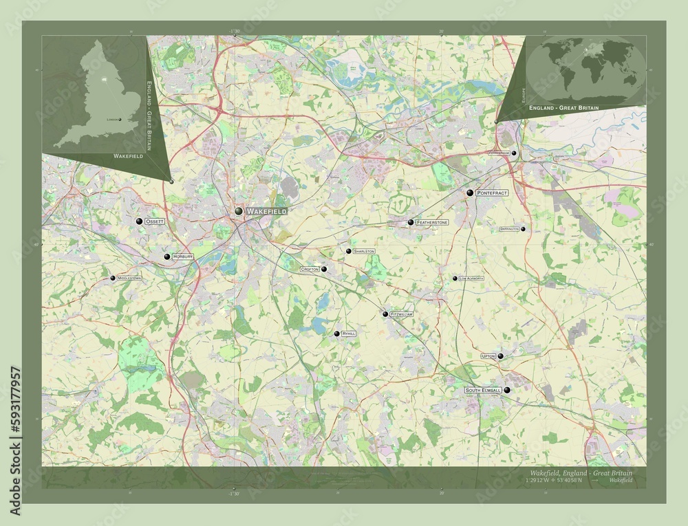 Fototapeta premium Wakefield, England - Great Britain. OSM. Labelled points of cities