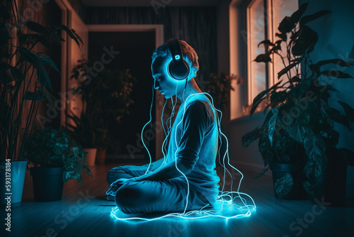 Person meditating and listening to music using headphones with neon light. Generative Ai