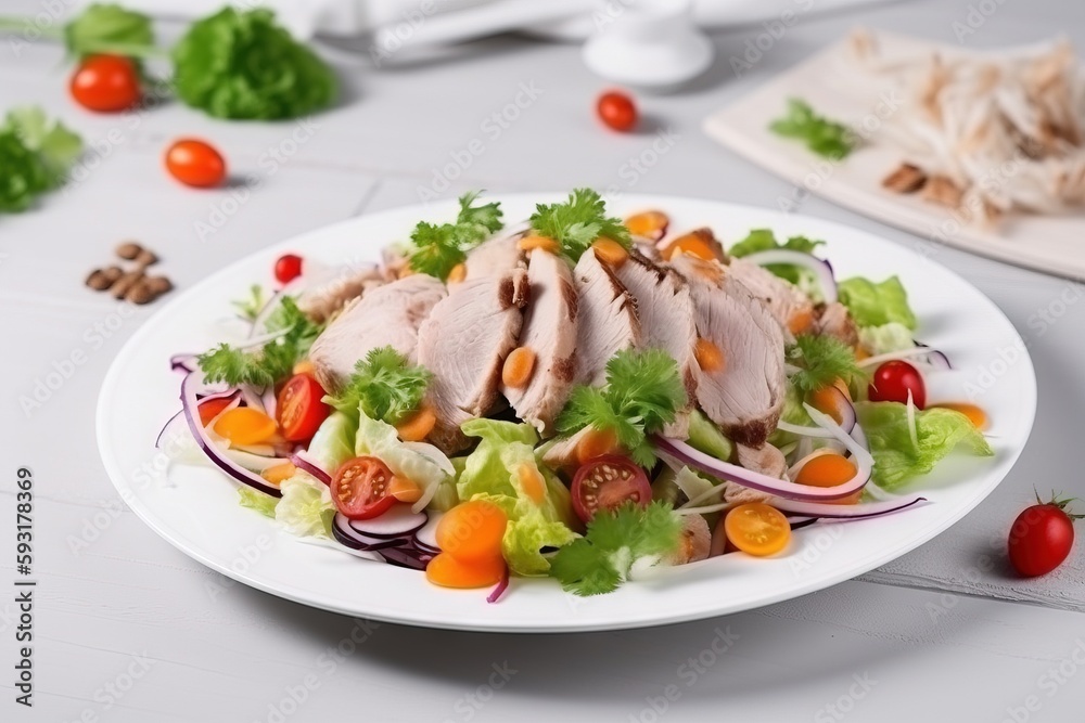 a white plate topped with a salad covered in meat and veggies. generative ai a white plate topped with a salad covered in meat and veggies. generative ai