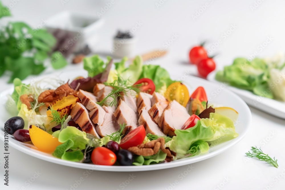 a plate of salad with meat and vegetables on a table. generative ai a plate of salad with meat and vegetables on a table. generative ai