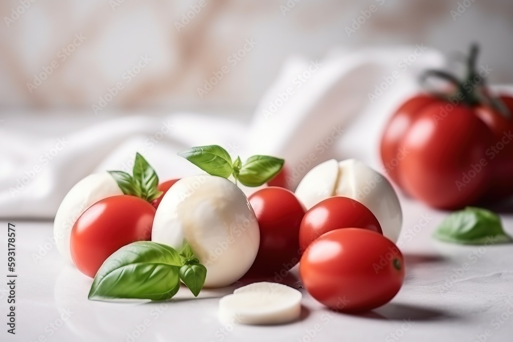 a group of tomatoes and mozzarella on a white surface. generative ai a group of tomatoes and mozzarella on a white surface. generative ai