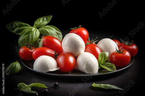  a plate of mozzarella and cherry tomatoes with basil.  generative ai