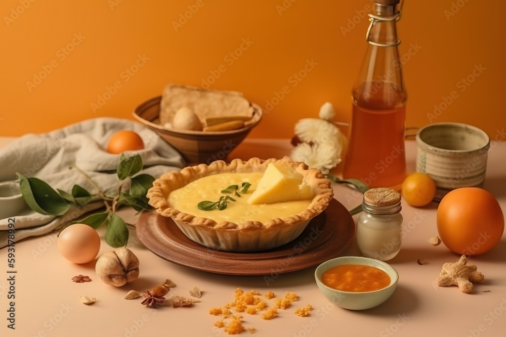  a table topped with a pie next to a bottle of wine.  generative ai