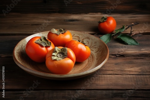  a bowl of tomatoes on a wooden table with a leaf.  generative ai