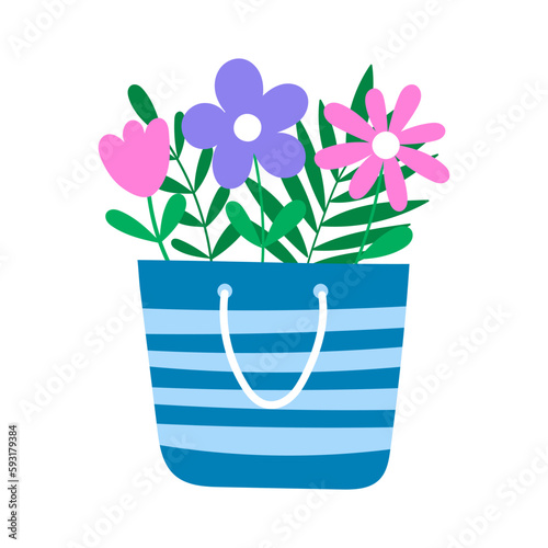 Beach bag with summer flowers. Cartoon vector illustration.