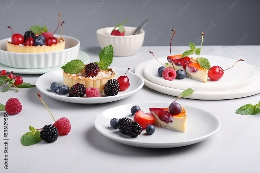 a white table topped with plates of desserts and fruit. generative ai a white table topped with plates of desserts and fruit. generative ai