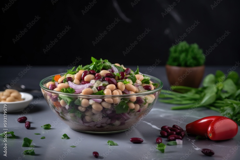 a bowl of salad with beans and vegetables on a table. generative ai a bowl of salad with beans and vegetables on a table. generative ai