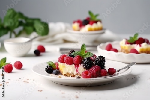  a plate with a slice of cheesecake and berries on it.  generative ai