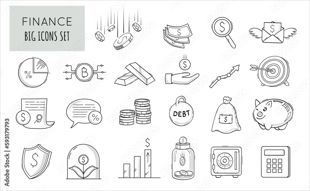 Fototapeta premium Finance and business doodle line icons collection. Money, cryptocurrency, dollar, piggy bank, contract, etc. Vector illustration.