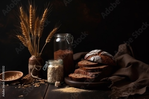  a table topped with bread and a jar of grain next to it.  generative ai