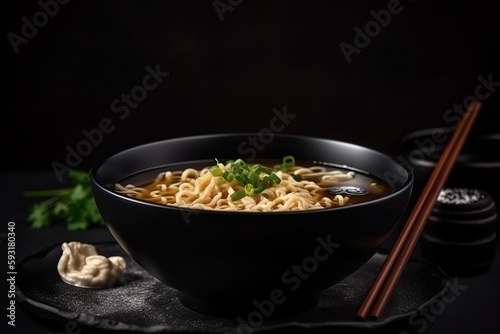  a bowl of noodles with chopsticks on a black plate. generative ai