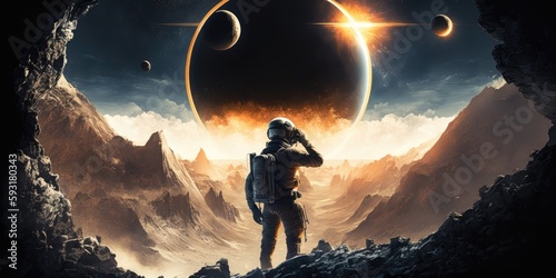The last eclipse science fiction scene depicting astronaut observing solar eclipse from mountain in space surrounded by asteroids. Generative AI