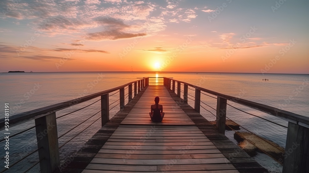 Obraz premium Footbridge sea beach meditation journey calm hormone sunset sea yoga