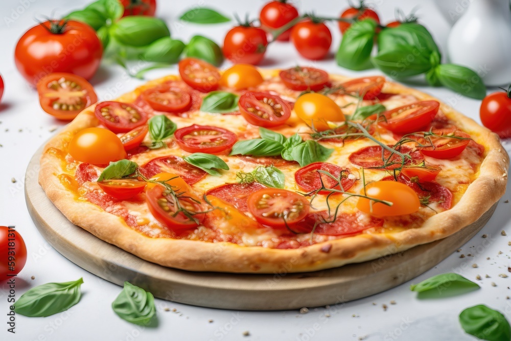 a pizza with tomatoes and basil on a cutting board surrounded by tomatoes. generative ai a pizza with tomatoes and basil on a cutting board surrounded by tomatoes. generative ai