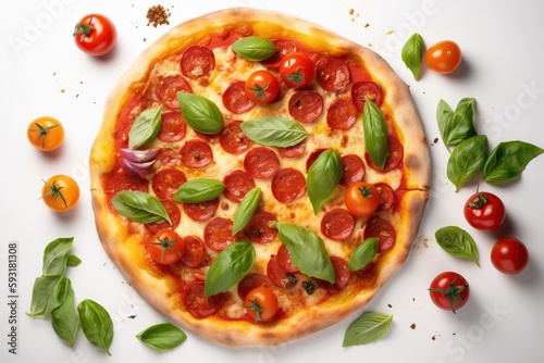  a pizza with tomatoes and basil on a white surface with green leaves. generative ai