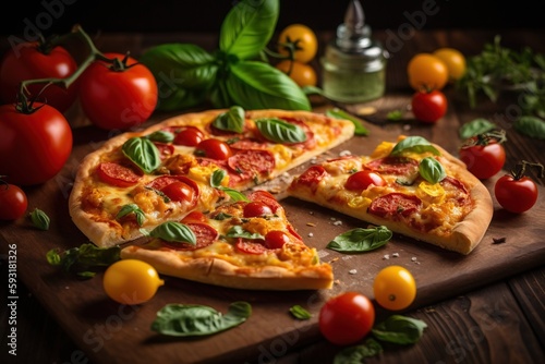  a pizza with tomatoes and basil on a wooden cutting board. generative ai
