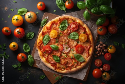  a pizza sitting on top of a cutting board next to tomatoes. generative ai