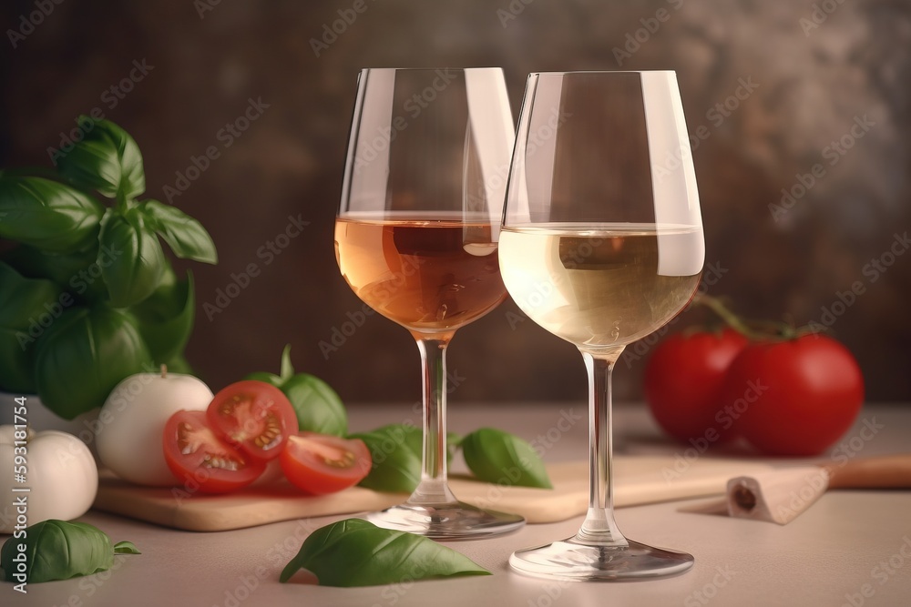  two glasses of white and rose wine on a cutting board.  generative ai