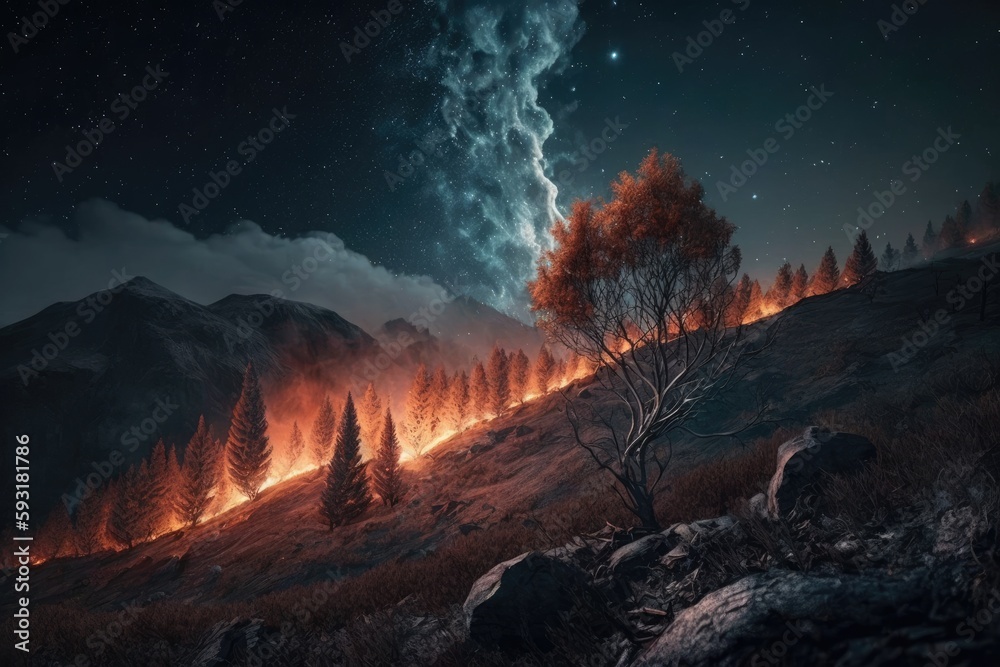 A forest fire on the mountain at night Causing toxic dust. Generative AI