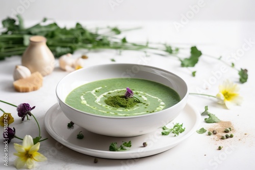  a bowl of green soup on a plate with flowers around it.  generative ai