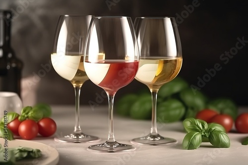  three wine glasses with different colored wines in them and a bottle of wine in the background. generative ai