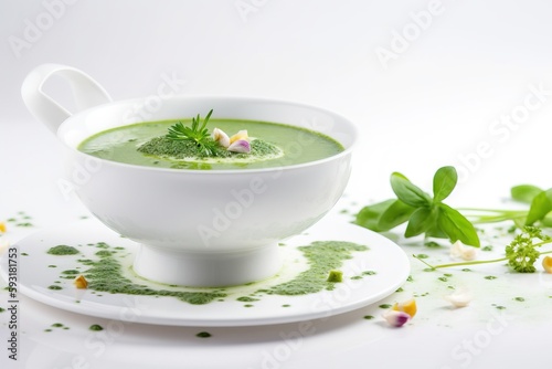  a bowl of soup with a garnish on top of it. generative ai