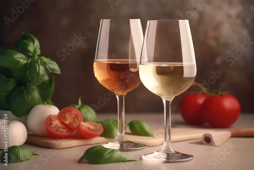  two glasses of white and rose wine on a cutting board. generative ai