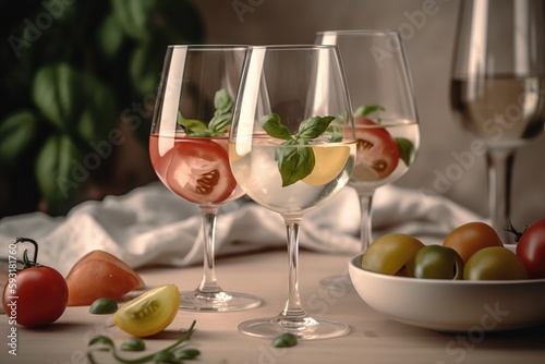  three glasses of wine with tomatoes and a bowl of tomatoes. generative ai