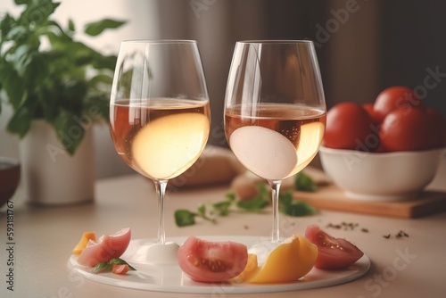  two glasses of white wine with tomatoes and cheese on a plate. generative ai