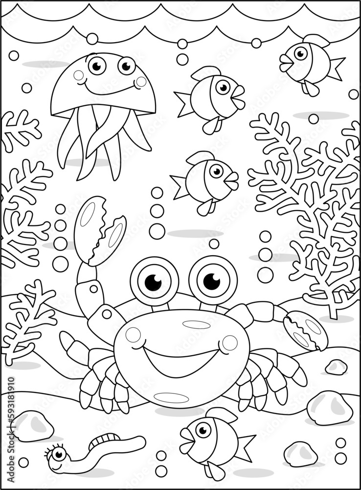 Fototapeta premium Coloring page with crab and underwater scene of sea life 