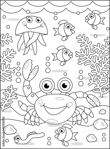 Coloring page with crab and underwater scene of sea life
