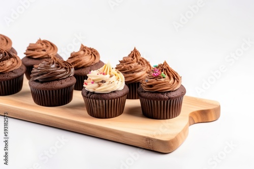  a wooden tray holding a row of chocolate cupcakes. generative ai