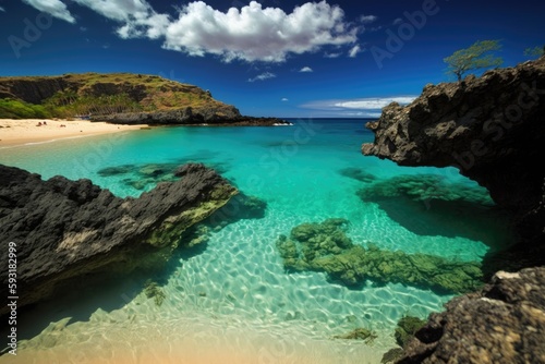 A Hawaii beach offers calm, turquoise clear water for swimming and underwater snorkeling. Generative AI