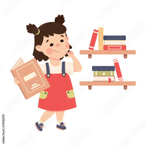Cute little girl searching for book on bookshelf. Education and leisure cartoon vector illustration
