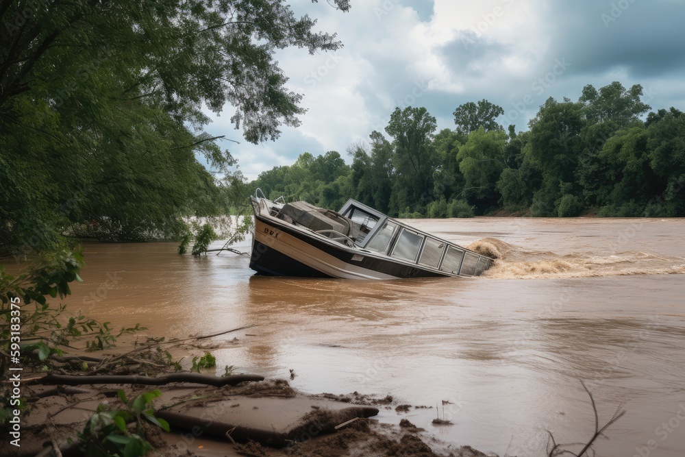 flash flood causes a boat to capsize and float downstream, created with