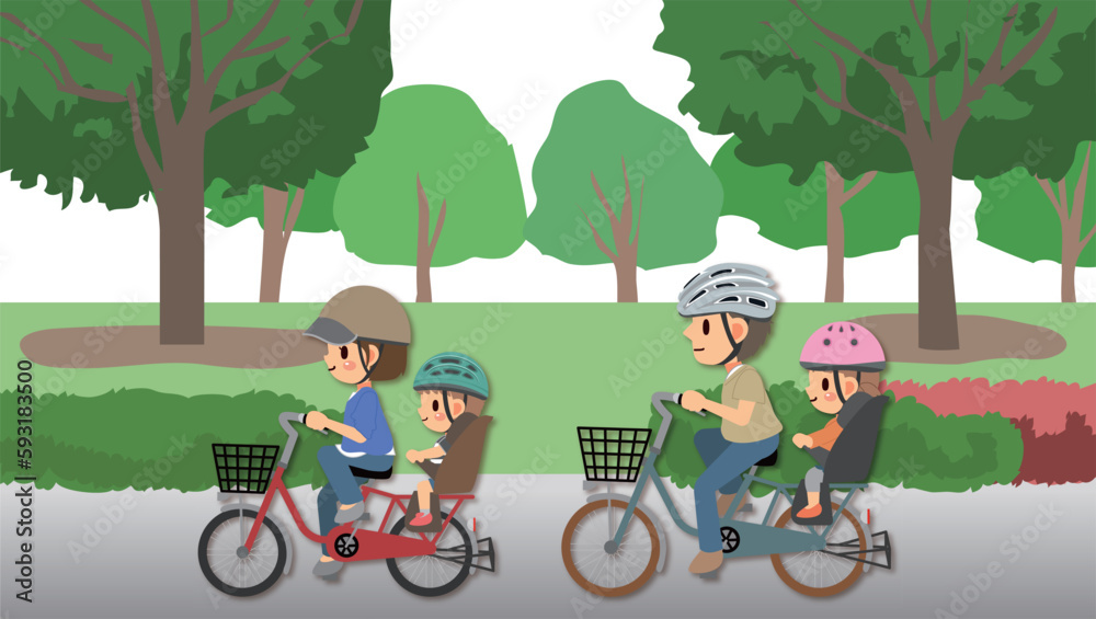 公園を走る子供載せ自転車の4人家族