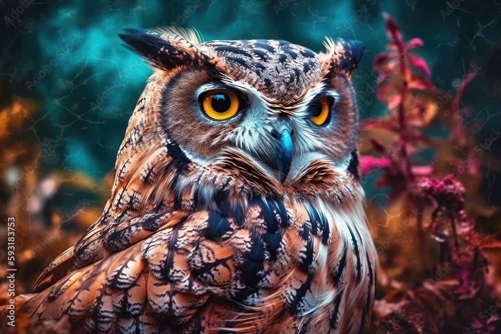  an owl with yellow eyes is sitting in a field of leaves.  generative ai