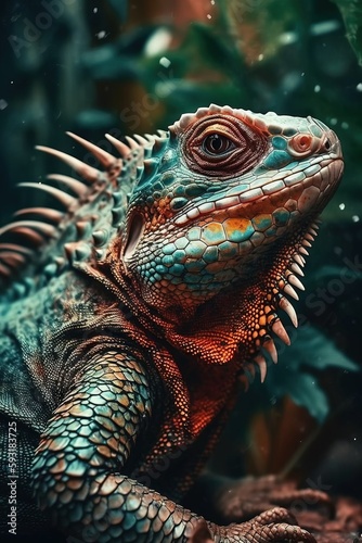  a close up of a large lizard on a tree branch.  generative ai