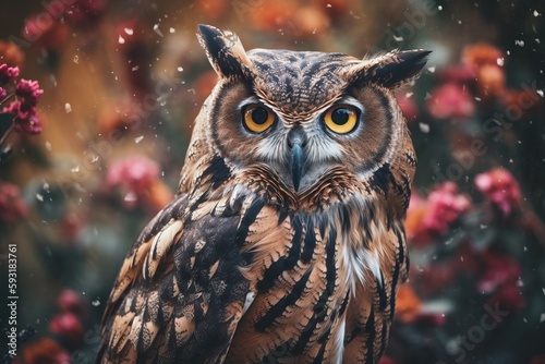  an owl is sitting on a branch in the snow with flowers in the background.  generative ai