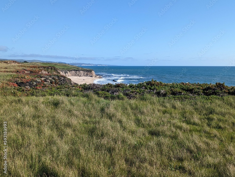 Half Moon Bay coastal cliffside landscape, California coastline, Pacific Ocean view from the cliffs of Half Moon Bay, San Francisco coastline, California cliffed abrasion coast