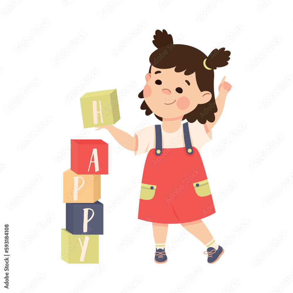 Cute happy brunette little girl playing wooden alphabet toy blocks cartoon vector illustration
