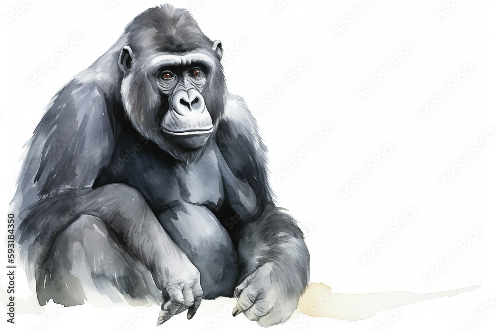  a drawing of a gorilla sitting on a white surface with a white background.  generative ai